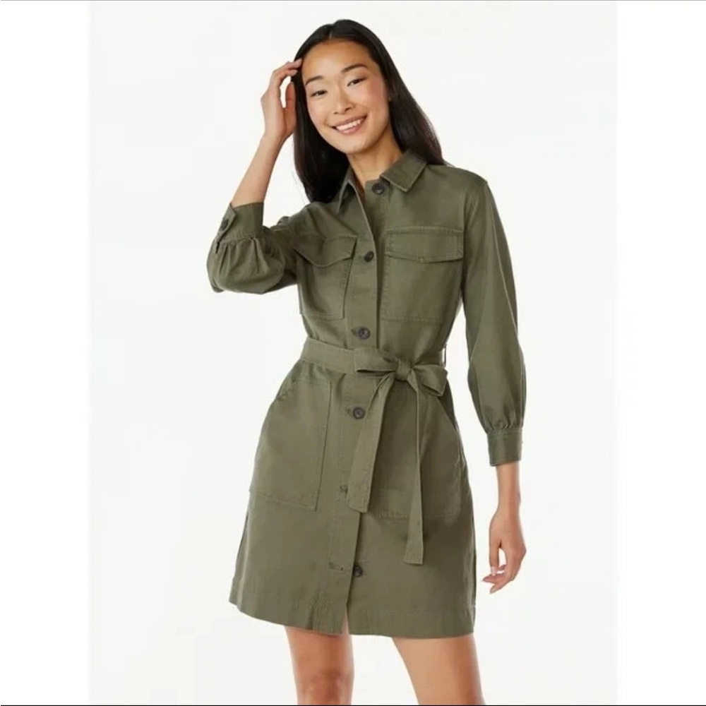 FREE ASSEMBLY Med. Green Button down Belted Long Sleeve Utility Mini Dress